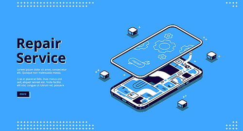 Repair service isometric landing page, disassembled mobile phone fixing, smashed smartphone with microcircuit and screen with gears, broken electronics device touchscreen 3d vector line art web banner