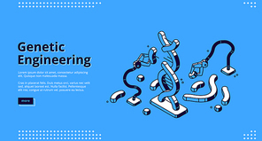 Genetic engineering isometric landing page, robotics arms manipulators changing dna structure in laboratory, futuristic biotechnologies and genom modification concept, 3d vector line art web banner