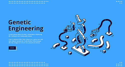 Genetic engineering isometric landing page, robotics arms manipulators changing dna structure in laboratory, futuristic biotechnologies and genom modification concept, 3d vector line art web banner