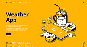 Weather app isometric landing page. Mobile phone with shining sun icon on screen near milkshake cocktail drink in glass jar with straw and donuts on yellow background, 3d vector line art web banner