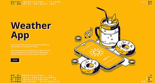Weather app isometric landing page. Mobile phone with shining sun icon on screen near milkshake cocktail drink in glass jar with straw and donuts on yellow background, 3d vector line art web banner