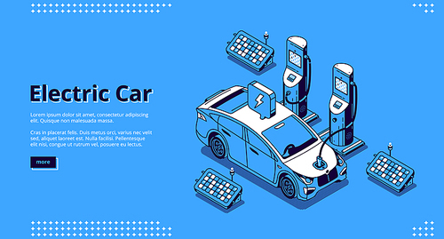 Electric car banner. Automobile on charger station with plug in cable and solar panels. Landing page of modern vehicle with energy battery with isometric illustration of charging suv car