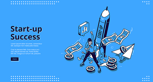 Startup success banner. Concept of successful launch and management business project, growth company. Vector landing page with isometric illustration of winner man and flying up rocket