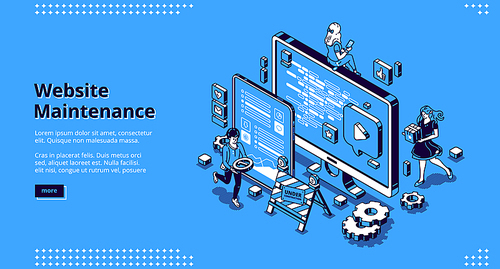 Website maintenance banner. Concept of update internet software, development and management webpages. Vector landing page of site under construction with isometric working people and computer screen
