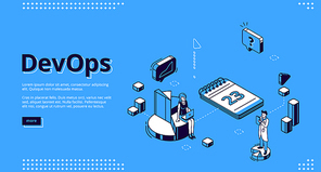 DevOps banner. Concept of development operations, communication of programmers and engineers. Vector landing page of project integration with isometric working people, chart and calendar