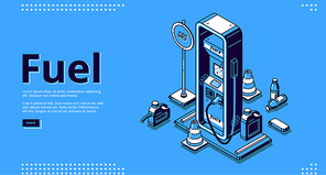 Fuel, petroleum fueling service isometric landing page. Gas, gasoline, diesel or oil car filling station with pistol, hose, traffic cones and canister on blue background, 3d vector line art web banner