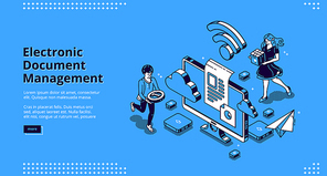 Electronic document management banner. Online paperwork storage, digital system of paper organization. Vector landing page of manage business documents with isometric people and computer screen