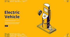 Electric vehicle banner. Concept of eco fuel, green energy for transport. Vector landing page of charging electric car battery with isometric illustration of modern charger station