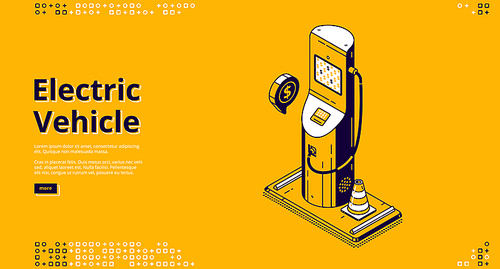 Electric vehicle banner. Concept of eco fuel, green energy for transport. Vector landing page of charging electric car battery with isometric illustration of modern charger station