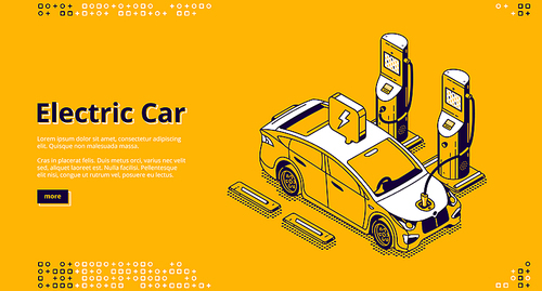 Electric car banner. Modern vehicle on charger station with plug in cable. Landing page of automobile with energy battery with isometric illustration of charging suv car