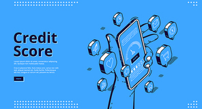 Credit score isometric landing page, hand holding smartphone with application meter. Bank consumer loan personal rating and risk control banking mobile service, 3d vector line art web banner template