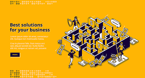 Best business solutions isometric landing page, businessman looking for way to solve problem through maze, employee passing labyrinth, challenge overcoming, aim achieving 3d vector line art web banner