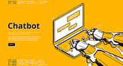 Chatbot with artificial intelligence typing message in support chat. Virtual assistant with ai, digital service for online communication. Vector landing page with isometric robot hands and laptop