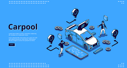 Carpool banner. Cab sharing concept, carpooling for travel and road trip. Vector landing page of community drivers and passengers with isometric people, vehicle and application on phone