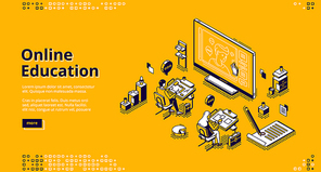 Online education isometric landing page. Students sitting at desks in classroom watching distant lesson at huge screen. Webinar in internet school, university or college, 3d vector line art web banner