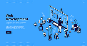 Web development isometric landing page. Programmers coding website cross platform, adaptive layout, internet page interface on computer and mobile phone screen, site creation 3d vector line art banner