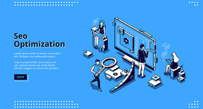 SEO optimization isometric landing page. Technology for internet marketing and digital business content. Tiny office people around of huge computer desktop, workflow 3d vector line art web banner