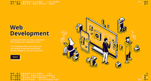 Web development isometric landing page. Programmers coding website cross platform, adaptive layout, internet page interface on computer and mobile phone screen, site creation 3d vector line art banner