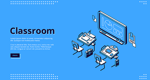 Classroom isometric landing page, school or university class room empty interior with desks and blackboard with diagrams and pie chart. Educational Place with seats and chalkboard 3d vector web banner