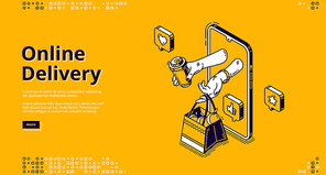 Online delivery banner. Mobile service for order shipping. Vector landing page with isometric smartphone and hands give purchase, bag with products and drink on yellow background
