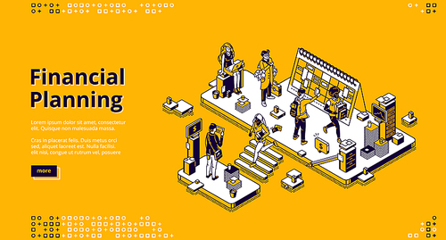 Financial planning isometric landing page. Marketing strategy, company finance analytic, agency working process, business people in office at huge calendar with dates, 3d vector line art web banner