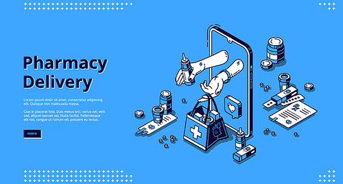 Pharmacy delivery online service isometric landing page. Human hands give bag with drugs from smartphone screen. Internet drugstore, medicine retail healthcare business. 3d vector line art web banner