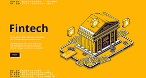 Fintech isometric landing page with bank building and money. Financial technologies, digital solutions for banking business. Software and mobile app for finance services, 3d vector line art web banner