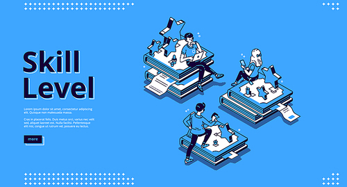 Skill level isometric landing page. Professional education and knowledge concept with tiny characters sitting on huge book piles using gadgets for reading and studying. 3d vector line art banner