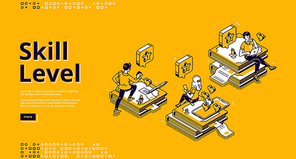 Skill level isometric landing page. Professional education and knowledge concept with tiny characters sitting on huge book piles using gadgets for reading and studying. 3d vector line art banner