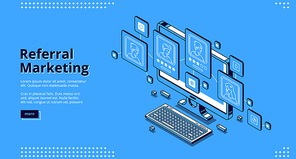 Referral marketing isometric landing page. Refer a friend loyalty program, promotion method, business strategy. People or customers connected in network on laptop screen. 3d vector line art web banner