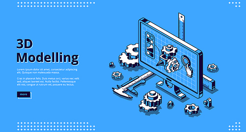 3d modelling isometric landing page. Cad engineer model project on computer desktop screen with construction supplies around. Software program for pc, technical blueprint, vector line art web banner