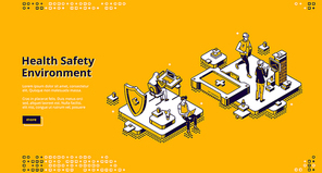 Hse, health safety environment isometric landing page. Business people characters working in office. Healthcare environmental protection and safe work conditions concept, 3d vector line art web banner