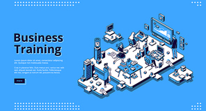 Business training banner. Conference, seminar and lecture for team education. Vector landing page of professional learning in company with isometric people and teacher in office
