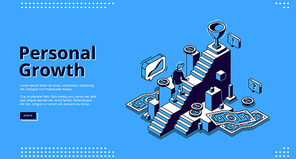 Personal growth banner. Concept of self build career, development, professional progress. Vector landing page of goal achievement with isometric man rises up on steps