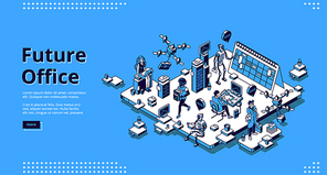 Future office isometric landing page. Human and ai robots work together. Robotic employees with people in futuristic workplace. Cyborgs automation artificial intelligence 3d vector line art web banner