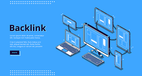 Backlink banner. Concept of building hyperlink system, cooperation of websites, seo optimization. Vector landing page of inbound connect with isometric illustration of sites chain, computer network