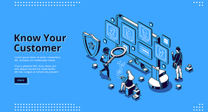 Know your customer banner. Concept of identification bank client, analysis risk and trust business, anti laundering. Vector landing page of KYC with isometric illustration of working people