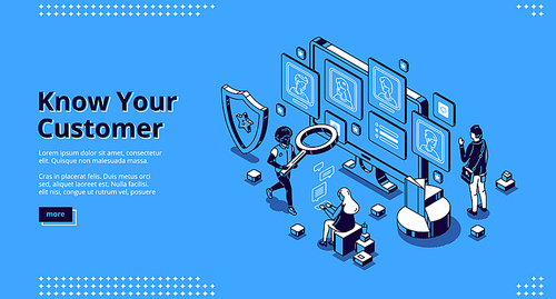 Know your customer banner. Concept of identification bank client, analysis risk and trust business, anti laundering. Vector landing page of KYC with isometric illustration of working people