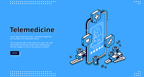Telemedicine isometric landing page. Distance online medicine application for mobile phone. Smartphone screen with doctor chat messages and tablets on blue background, 3d vector line art web banner