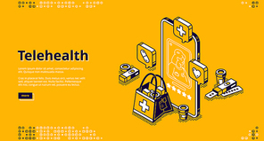 Telehealth banner. Medical online consultation with doctor on mobile phone. Vector landing page of telehealth services with isometric smartphone, call with nurse and drugs in bag