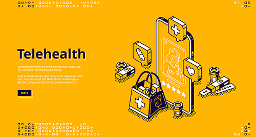 Telehealth banner. Medical online consultation with doctor on mobile phone. Vector landing page of telehealth services with isometric smartphone, call with nurse and drugs in bag