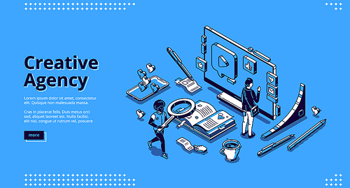 Creative agency banner. Digital design service, creative strategy for promotion and advertising company in social media. Vector landing page with isometric working people, computer and smartphone