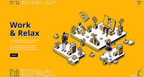 Work and relax banner. Concept of work organization and healthy routine without stress. Vector landing page with isometric office with resting people in meditation and virtual game