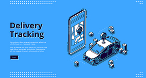 Delivery tracking banner. Online mobile service for track shipping parcel, cargo or post. Vector landing page with isometric smartphone with map application and courier car