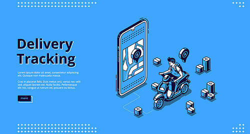Delivery tracking isometric landing page, motorbike riding on route at huge smartphone with gps navigator pin on city map. Online application for courier driver service, 3d vector line art web banner
