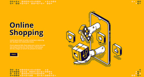 Online shopping banner. Mobile payment and delivery service concept. Vector landing page of ecommerce business with isometric smartphone and hand holding pos terminal and box