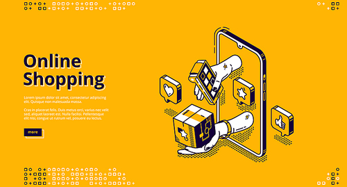 Online shopping banner. Mobile payment and delivery service concept. Vector landing page of ecommerce business with isometric smartphone and hand holding pos terminal and box