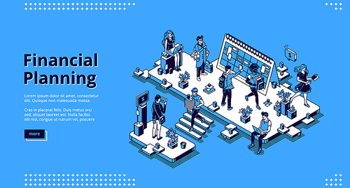 Financial planning banner. Business finance analysis, report and forecasting. Vector landing page of economic strategy, budget plan with isometric illustration of office with working people