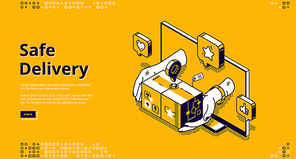 Safe delivery online service isometric landing page. Human hands give parcel bag with goods from computer desktop. Internet shopping, order shipping, retail business, 3d vector line art web banner