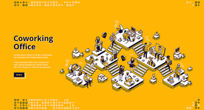 Coworking office banner. Concept of modern creative workplace for different employee. Vector landing page of open space office for freelance, startup or business with isometric people with laptop